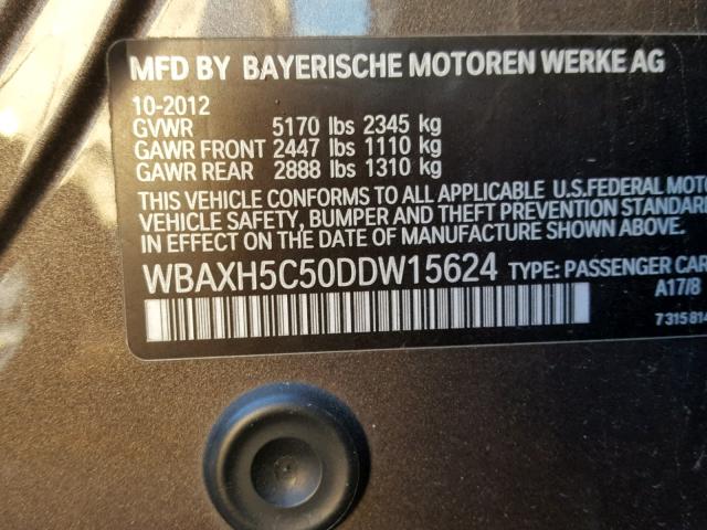 WBAXH5C50DDW15624 - 2013 BMW 528 XI GRAY photo 10