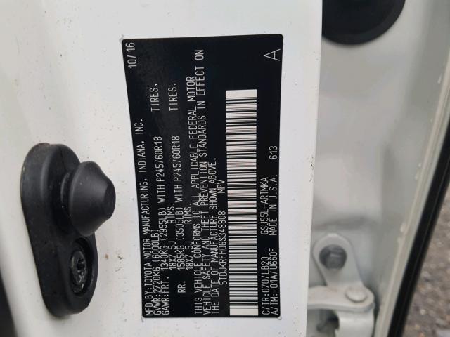 5TDJKRFH0GS348808 - 2016 TOYOTA HIGHLANDER თეთრი ფოტო 10