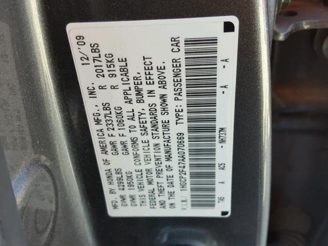 1HGCP2F47AA070669 - 2010 HONDA ACCORD LXP GRAY photo 10