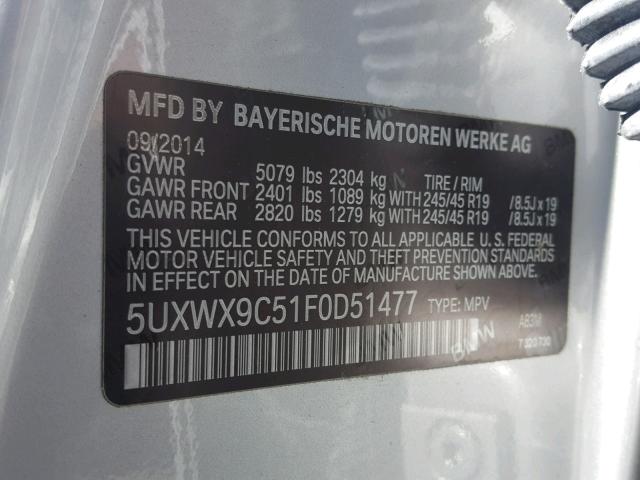 5UXWX9C51F0D51477 - 2015 BMW X3 XDRIVE2 SILVER photo 10