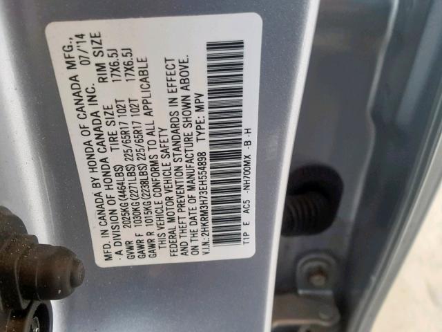 2HKRM3H73EH554898 - 2014 HONDA CR-V EXL SILVER photo 10