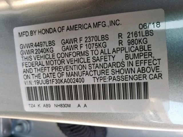 19UUB1F30KA002400 - 2019 ACURA TLX SILVER photo 10