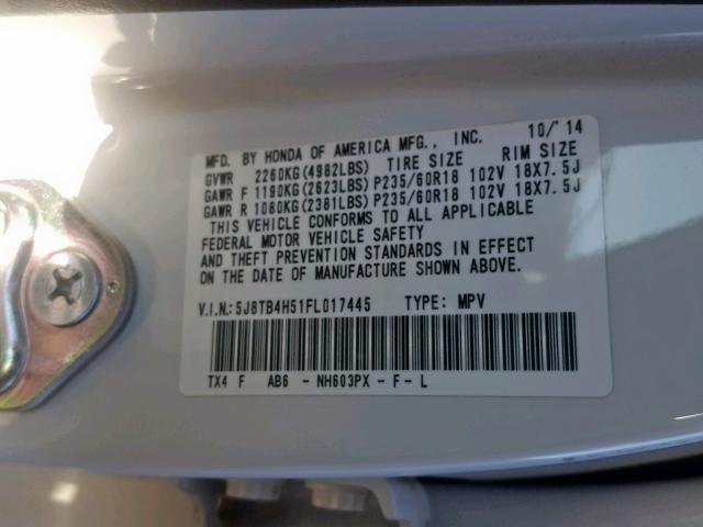 5J8TB4H51FL017445 - 2015 ACURA RDX TECHNO WHITE photo 10