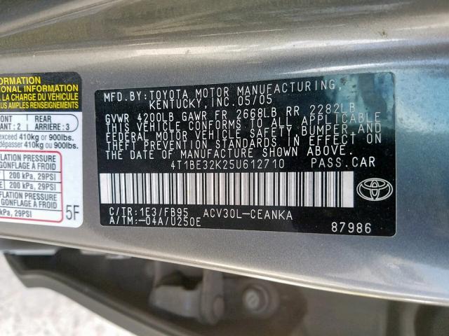 4T1BE32K25U612710 - 2005 TOYOTA CAMRY LE GRAY photo 10