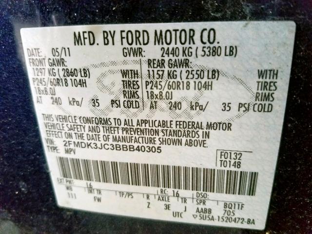 2FMDK3JC3BBB40305 - 2011 FORD EDGE SEL BLUE photo 10