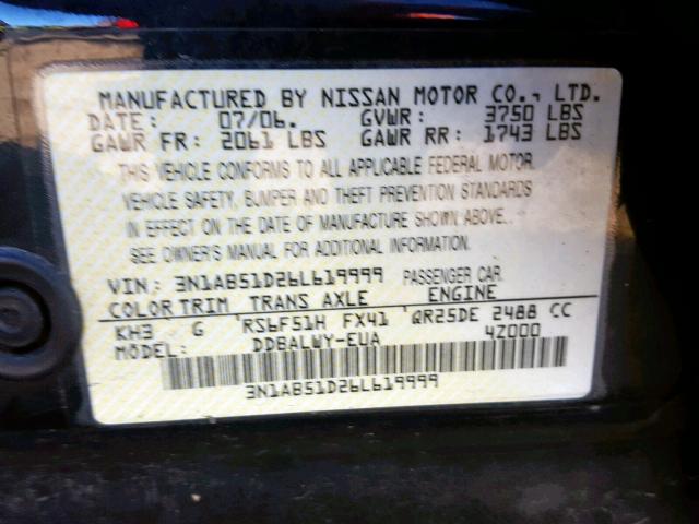 3N1AB51D26L619999 - 2006 NISSAN SENTRA SE- BLACK photo 10