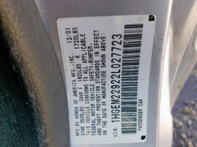 1HGEM22922L027723 - 2002 HONDA CIVIC EX SILVER photo 10