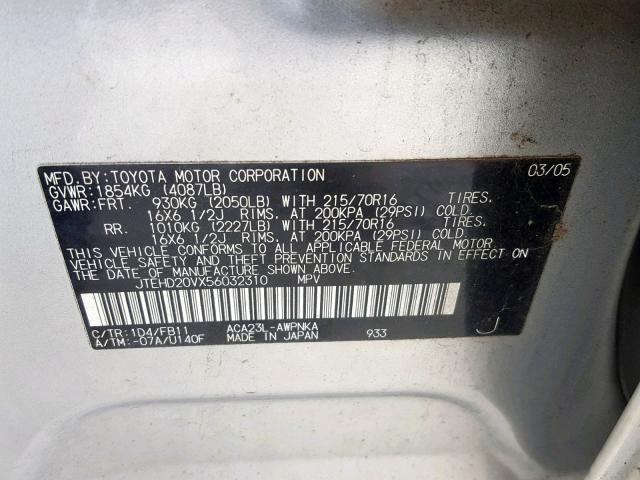 JTEHD20VX56032310 - 2005 TOYOTA RAV4 SILVER photo 10