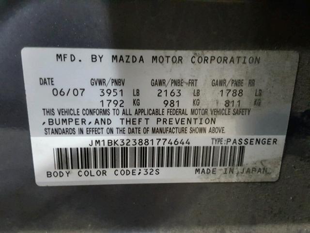 JM1BK323881774644 - 2008 MAZDA 3 S GRAY photo 10