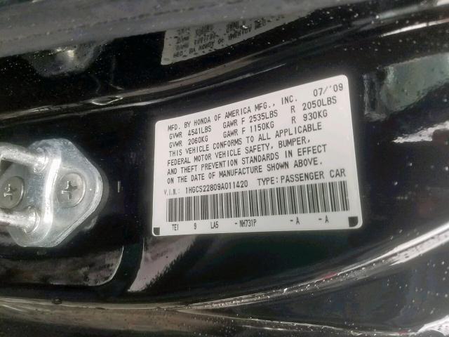 1HGCS22809A011420 - 2009 HONDA ACCORD EXL BLACK photo 10