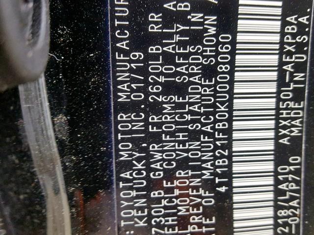 4T1B21FB0KU008060 - 2019 TOYOTA AVALON XLE BLACK photo 10