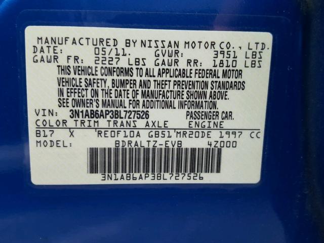 3N1AB6AP3BL727526 - 2011 NISSAN SENTRA 2.0 BLUE photo 10