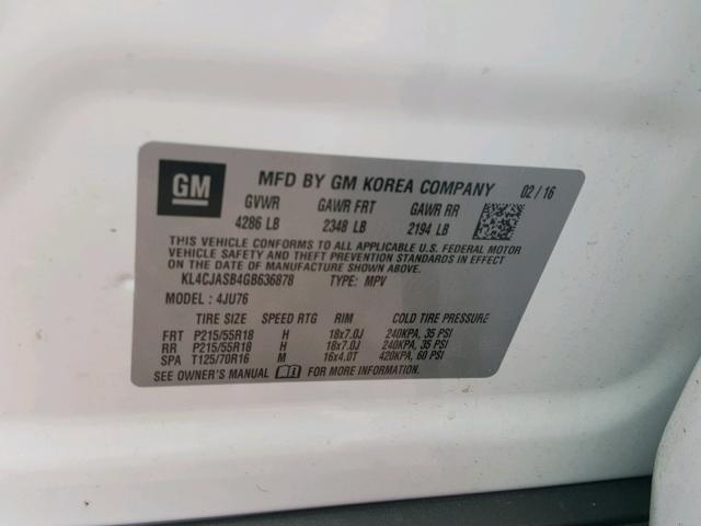 KL4CJASB4GB636878 - 2016 BUICK ENCORE WHITE photo 10