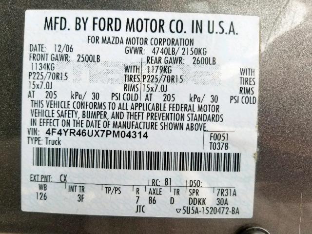 4F4YR46UX7PM04314 - 2007 MAZDA B3000 CAB GRAY photo 10