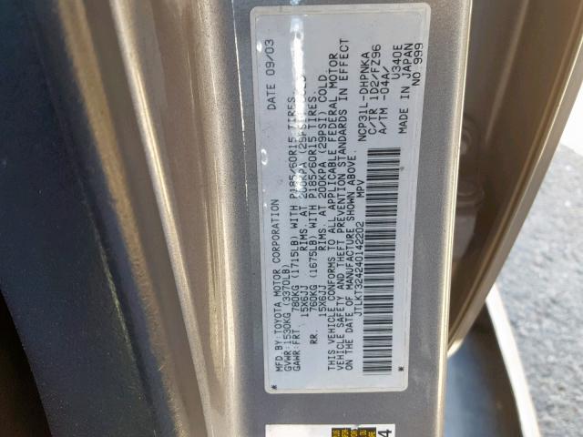 JTLKT324240142202 - 2004 TOYOTA SCION XB Boz foto 10