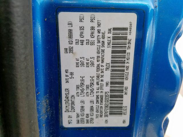 3B7KF23621G223575 - 2001 DODGE RAM 2500 BLUE photo 10