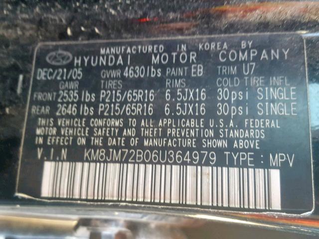 KM8JM72B06U364979 - 2006 HYUNDAI TUCSON GL BLACK photo 10