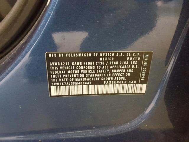 3VW2K7AJ3FM400446 - 2015 VOLKSWAGEN JETTA BASE Կապույտ լուսանկար 10