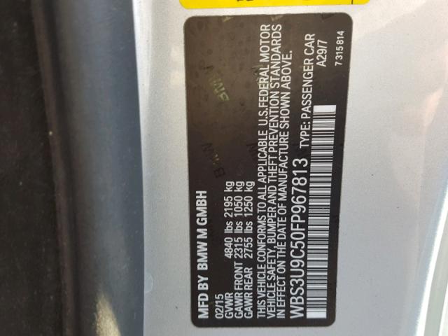 WBS3U9C50FP967813 - 2015 BMW M4 SILVER photo 10