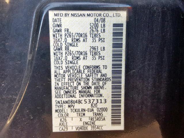 5N1AN08U48C537313 - 2008 NISSAN XTERRA CHARCOAL photo 10