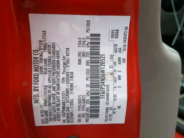 1FAFP34N06W120521 - 2006 FORD FOCUS ZX4 RED photo 10