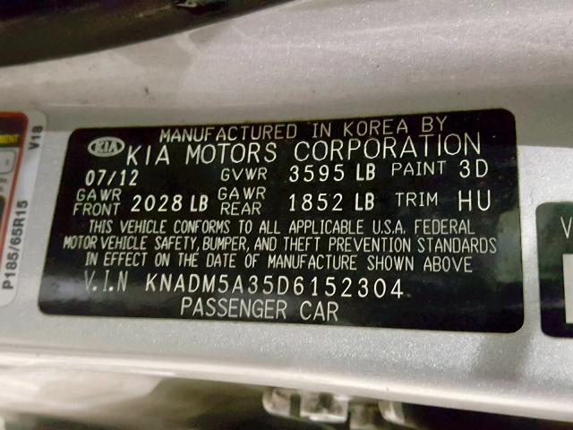 KNADM5A35D6152304 - 2013 KIA RIO LX SILVER photo 10