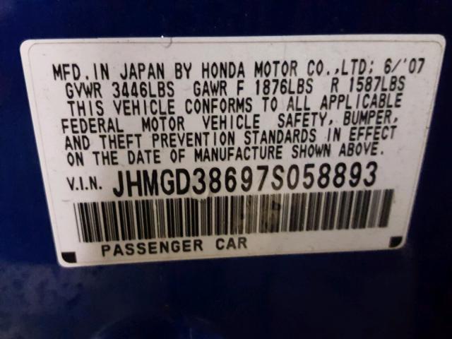 JHMGD38697S058893 - 2007 HONDA FIT S BLUE photo 10