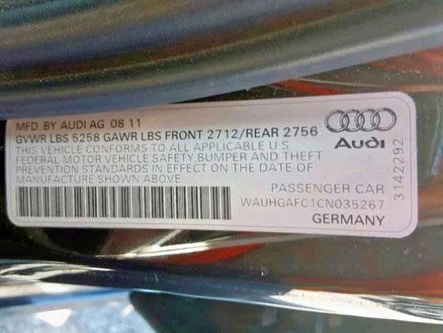 WAUHGAFC1CN035267 - 2012 AUDI A6 PRESTIG BLACK photo 10