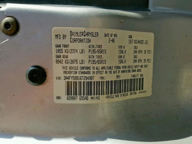 3A4FY58B16T294987 - 2006 CHRYSLER PT CRUISER SILVER photo 10