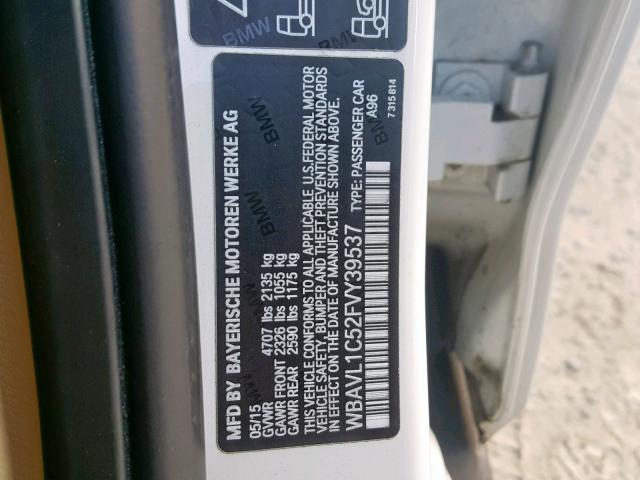 WBAVL1C52FVY39537 - 2015 BMW X1 XDRIVE2 WHITE photo 10