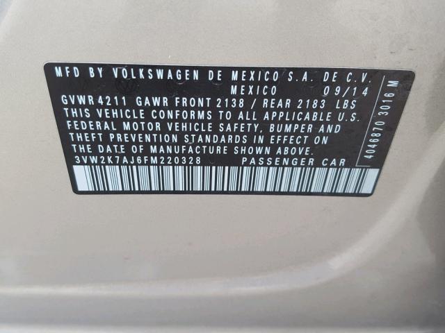 3VW2K7AJ6FM220328 - 2015 VOLKSWAGEN JETTA BASE Ոսկեգույն լուսանկար 10