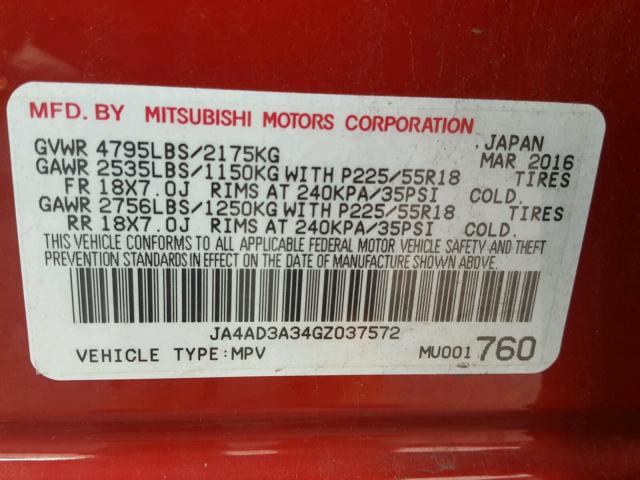 JA4AD3A34GZ037572 - 2016 MITSUBISHI OUTLANDER RED photo 10