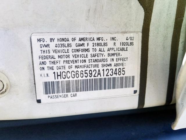 1HGCG66592A123485 - 2002 HONDA ACCORD LX WHITE photo 10