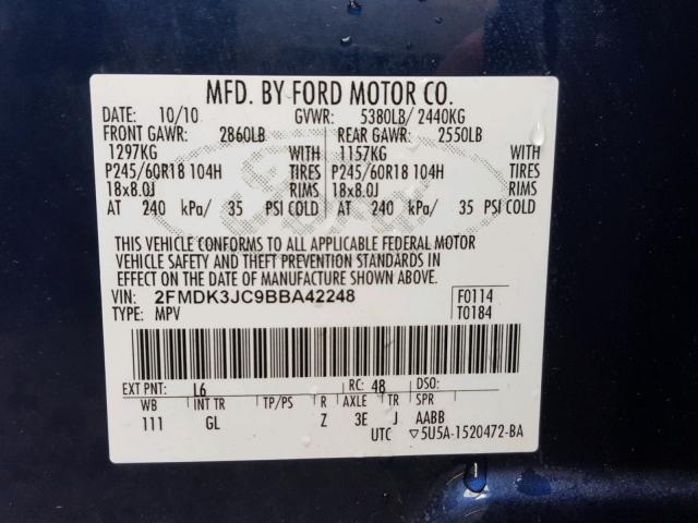 2FMDK3JC9BBA42248 - 2011 FORD EDGE SEL BLUE photo 10