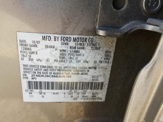 2FMDK39C88BA06189 - 2008 FORD EDGE LIMIT SILVER photo 10