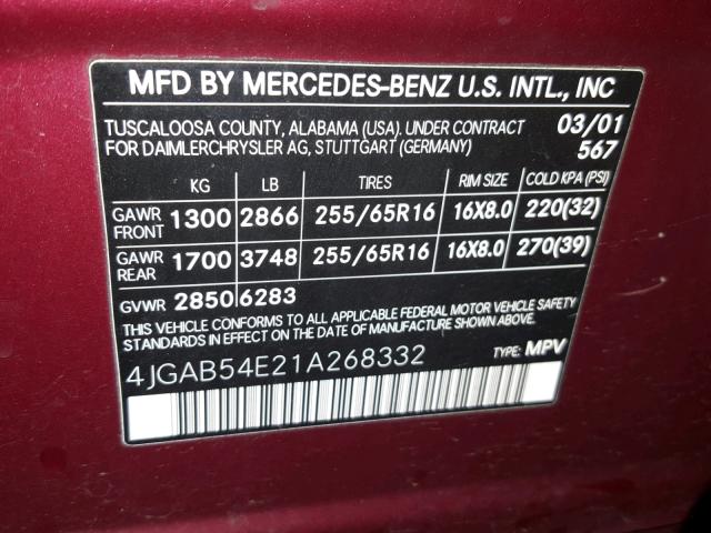 4JGAB54E21A268332 - 2001 MERCEDES-BENZ ML 320 BURGUNDY photo 10