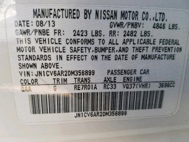 JN1CV6AR2DM356899 - 2013 INFINITI G37 WHITE photo 10