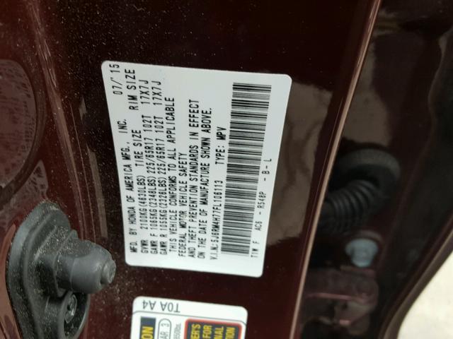 5J6RM4H77FL106113 - 2015 HONDA CR-V EXL MAROON photo 10