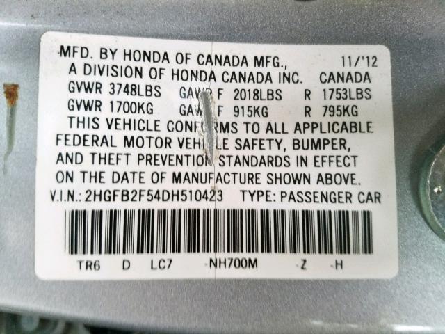 2HGFB2F54DH510423 - 2013 HONDA CIVIC LX SILVER photo 10