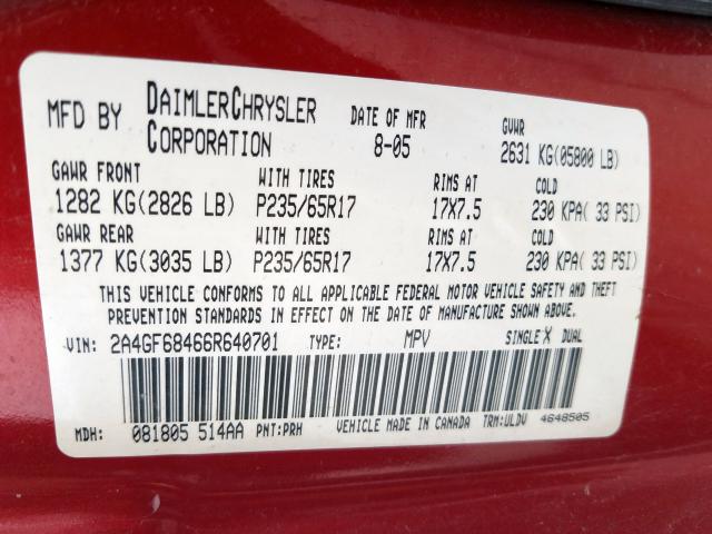 2A4GF68466R640701 - 2006 CHRYSLER PACIFICA T RED photo 10