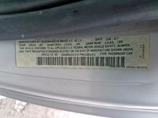 3VWRW31C97M518161 - 2007 VOLKSWAGEN NEW BEETLE 银色 照片 10