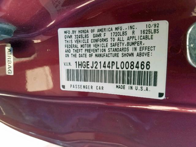 1HGEJ2144PL008466 - 1993 HONDA CIVIC DX MAROON photo 10