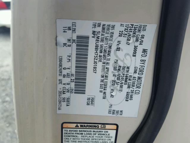 5LMEU88H75ZJ01857 - 2005 LINCOLN AVIATOR 金色 照片 10