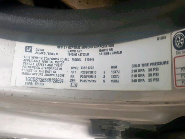 1GCDS136548128694 - 2004 CHEVROLET COLORADO GRAY photo 10