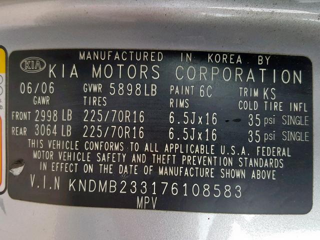 KNDMB233176108583 - 2007 KIA SEDONA LX SILVER photo 10