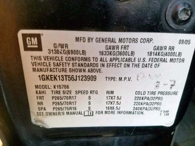 1GKEK13T56J123909 - 2006 GMC YUKON BLACK photo 10