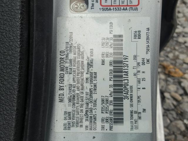 3FADP0L31AR137197 - 2010 FORD FUSION HYB SILVER photo 10