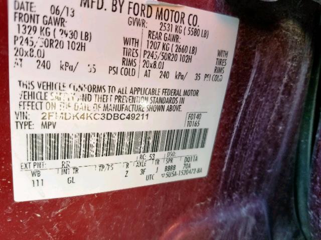 2FMDK4KC3DBC49211 - 2013 FORD EDGE LIMIT RED photo 10