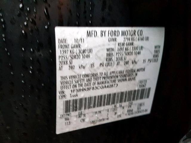 1FMHK8F83CGA42873 - 2012 FORD EXPLORER L BLACK photo 10