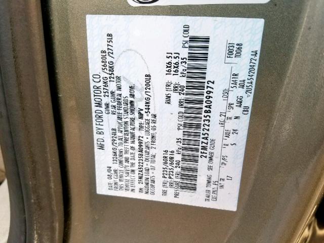 2FMZA52235BA09972 - 2005 FORD FREESTAR S GRAY photo 10